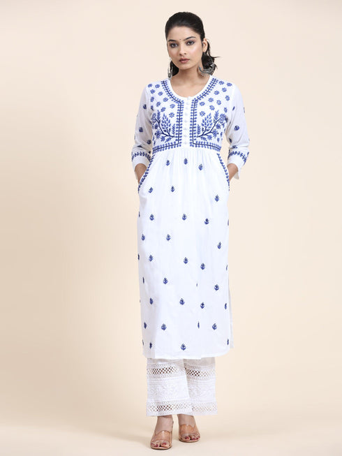 NOOR Chikankari Kurta With Pocket - White With Blue